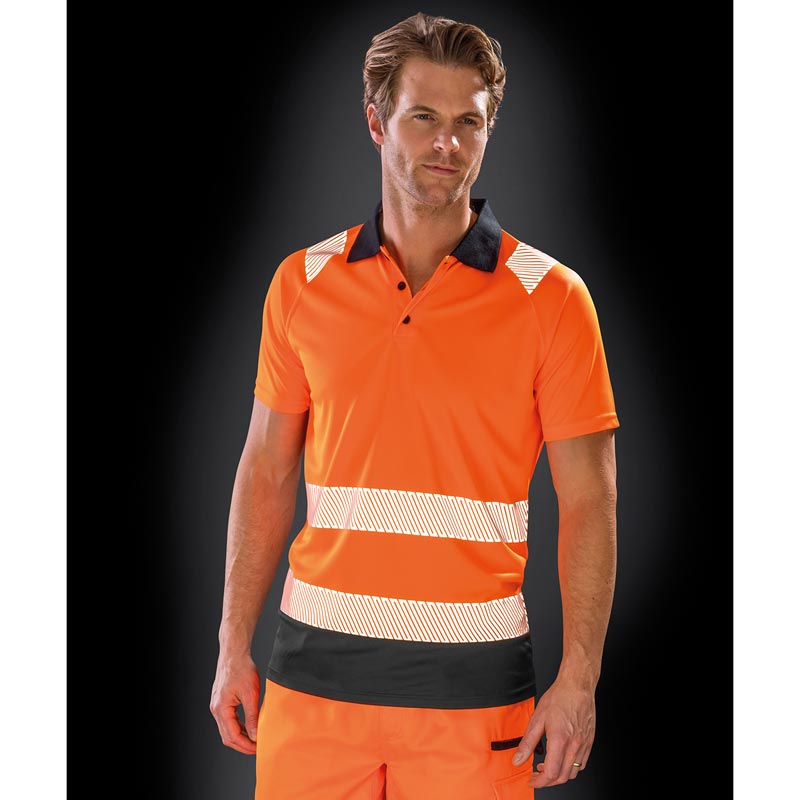 Recycled safety polo - Fluorescent Orange/ Black S/M